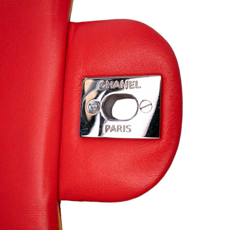Chanel Timeless Mini Square Patent Red / Yellow Logo | Sell your designer bag
