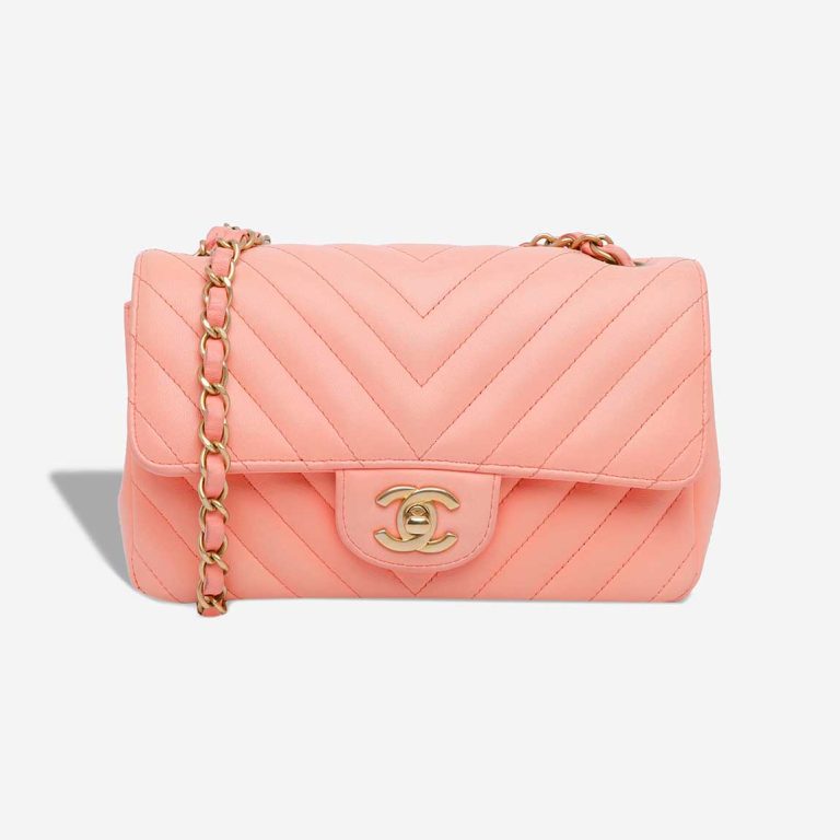 Chanel Timeless Chevron Mini Rectangular Lamb Coral Pink Front | Sell your designer bag