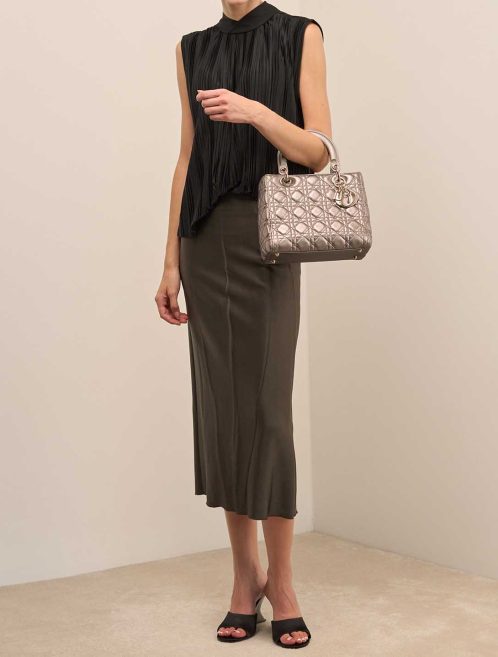 Dior Lady Medium Calf Metallic Grey on Model | Sell your designer bag
