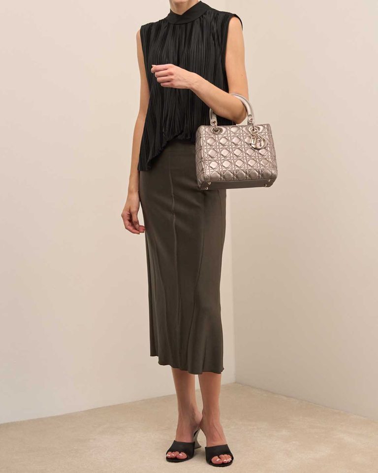 Dior Lady Medium Calf Metallic Grey Front | Sell your designer bag