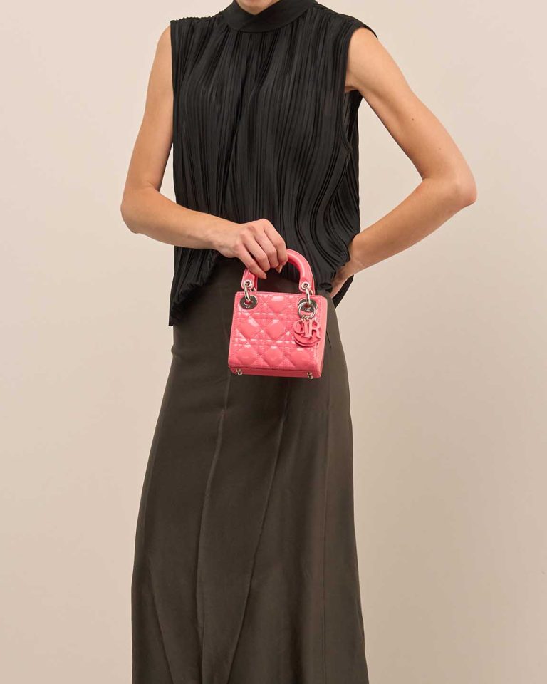 Dior Lady Micro Patent Pink on Model | Sell your designer bag