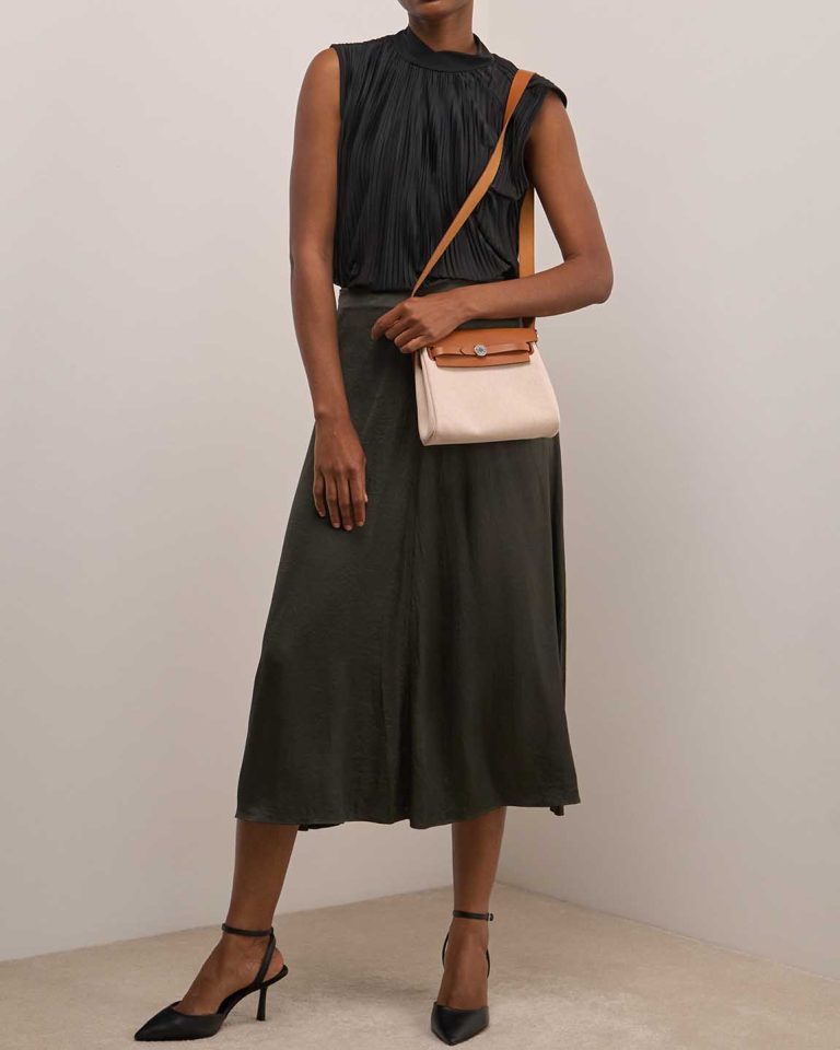 Hermès Herbag Mini Toile / Vache Hunter Écru / Beige / Fauve on Model | Sell your designer bag