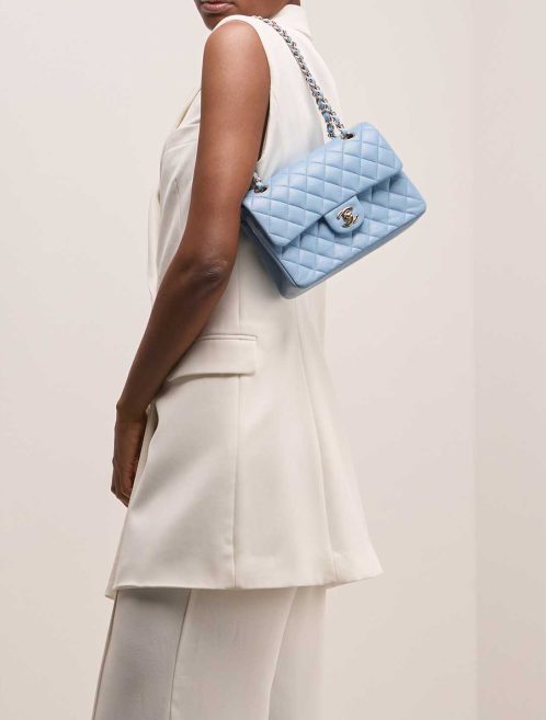 Chanel Timeless Small Caviar Light Blue on Model | Sell your designer bag