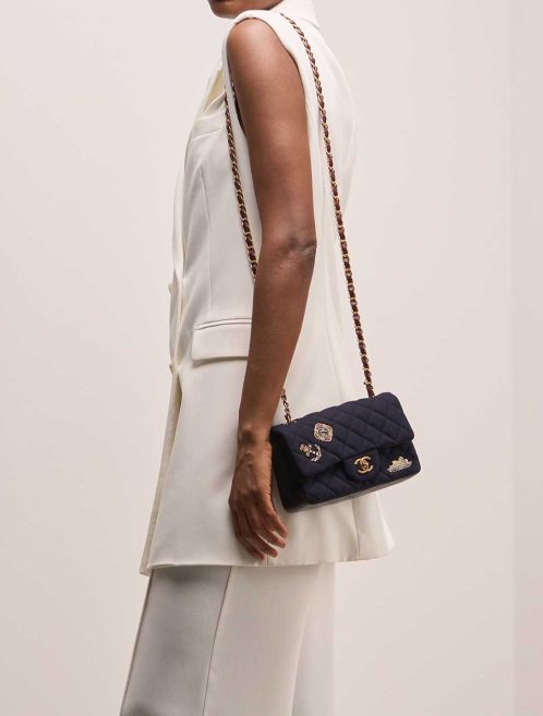 Chanel Timeless Paris-Hamburg Mini Rectangular Lamb / Jersey Blue / Red on Model | Sell your designer bag