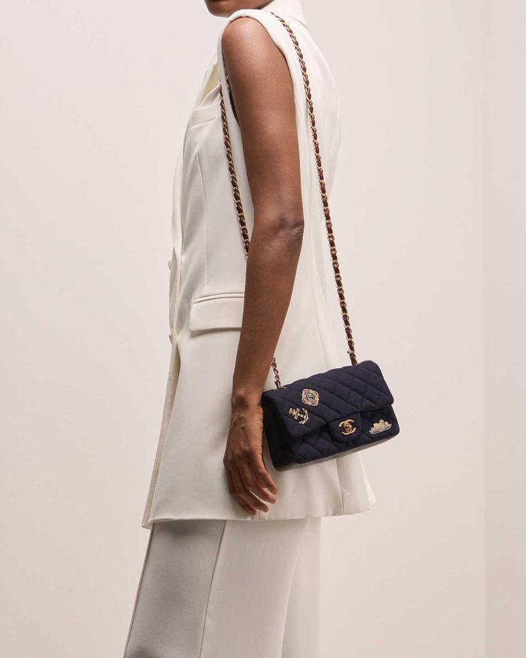 Chanel Timeless Paris-Hamburg Mini Rectangular Lamb / Jersey Blue / Red Front | Sell your designer bag
